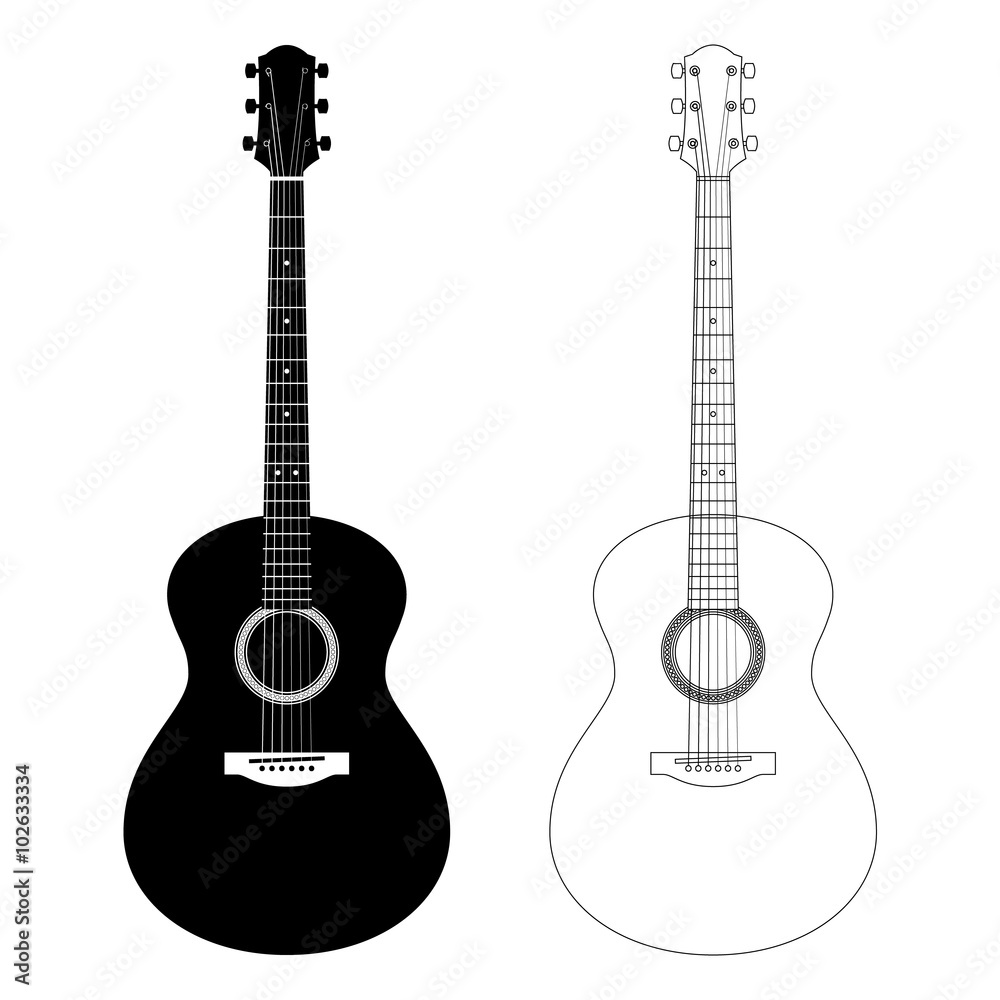 Obraz premium Vector silhouette and contour illustration of acoustic guitars