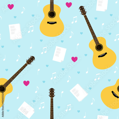 Vector seamless pattern with guitars, lyrics, notes and hearts