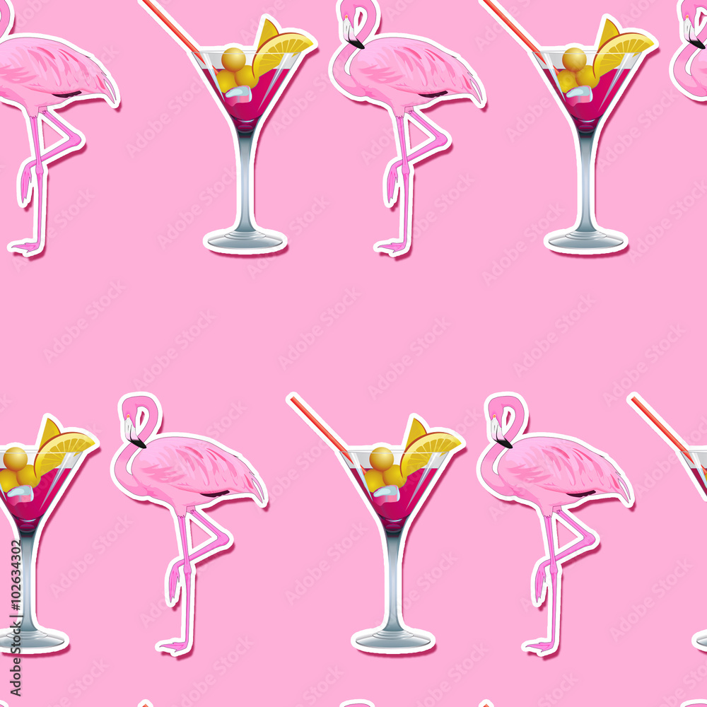 seamless Pattern - All Over Background -Pink Martini cocktail Glass and Pink Flamingo On a pink background 