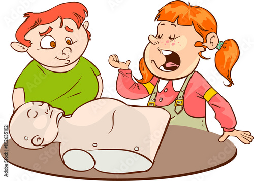 A vector illustration of kids practicing CPR on a mannequin with