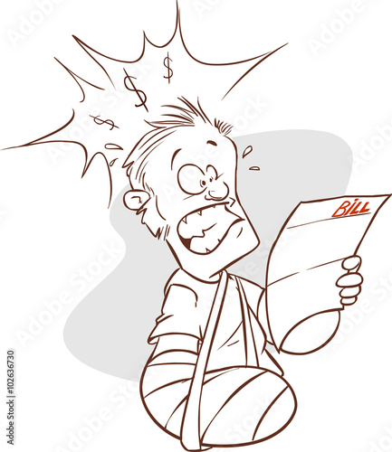 Vector illustration of aman with broken arm and hospital bills