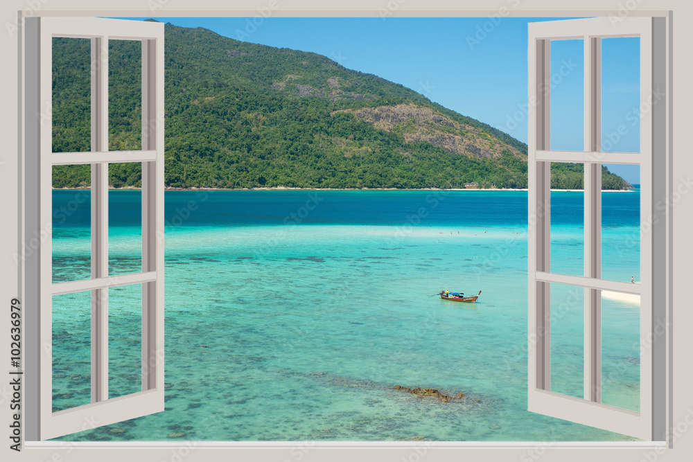 Fototapeta Koncepcja lata, podróży, wakacji i wakacji - otwarte okno,