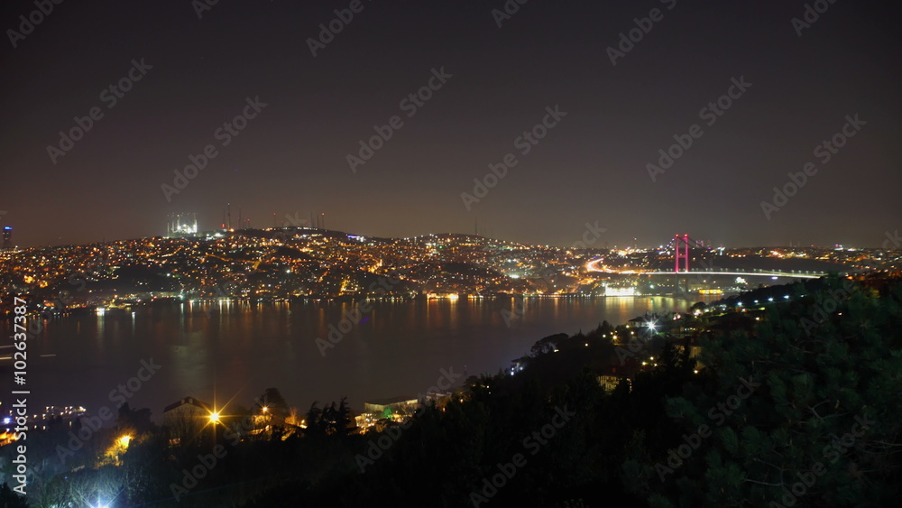 Evening view of the Bosphorus Bridge. The coast of the Bosphorus. Fatih Sultan Mehmet Bridge. Timelapse 4K - Stock Footage