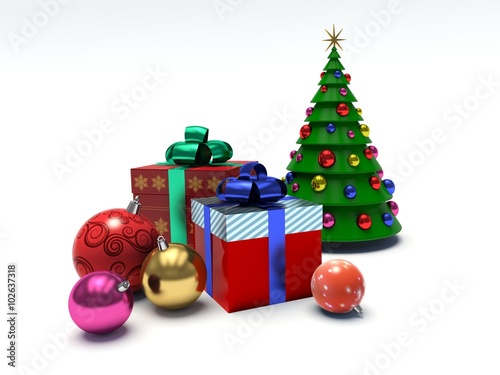 Christmas tree, Christmas baubles, gift boxes. 3d render illustration