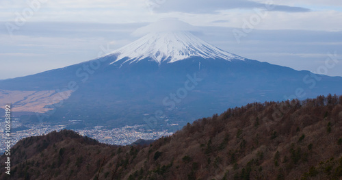 View of Mountain Fuji and Fujiyoshida town seen from Mountain Mitsutoge