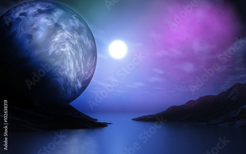 Fototapeta Naklejka Na Ścianę i Meble -  3D landscape with planet over lake
