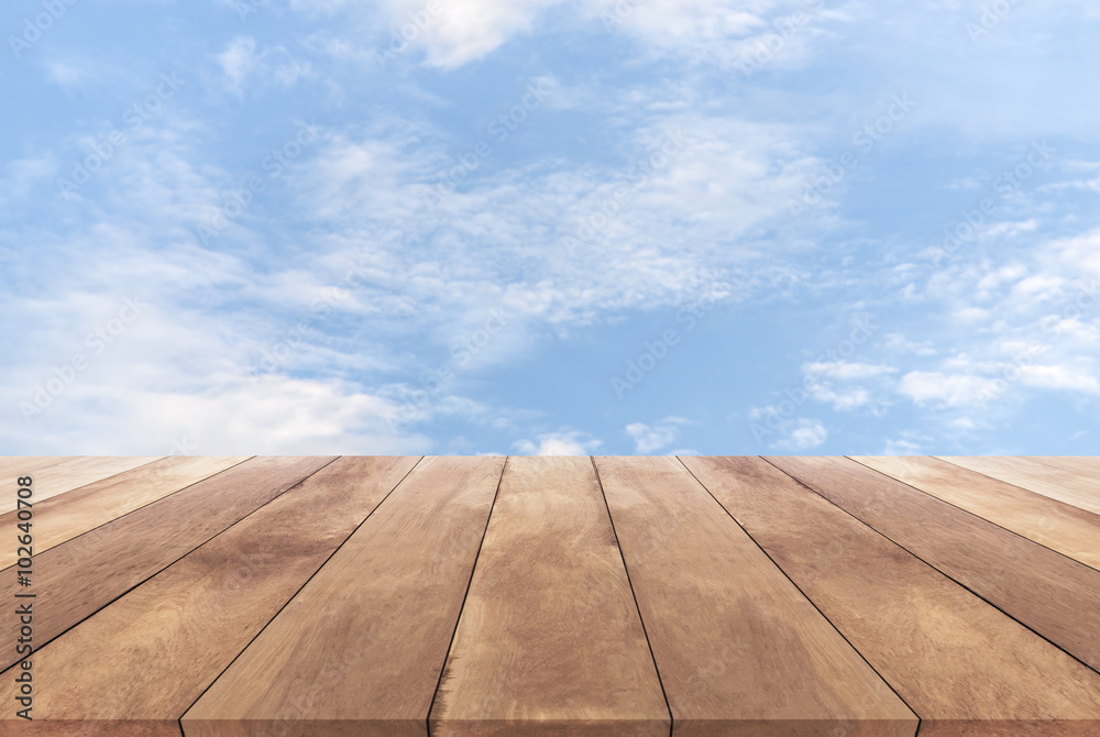 Wood table top and beautiful sky background - used for display your products