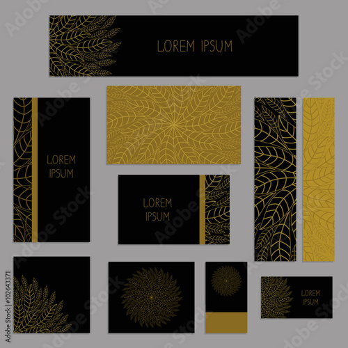 Set of business cards or invitation templates on abstract background. Decorative ornamental style. Business cards with gold elements on the dark background. Vector illustration.