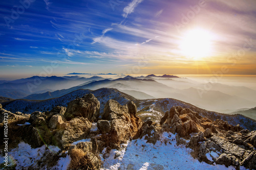 Winter landscape with sunset and foggy in Deogyusan mountains  South Korea.