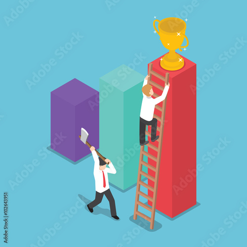 Isometric design businessman destroy the ladder of success of hi