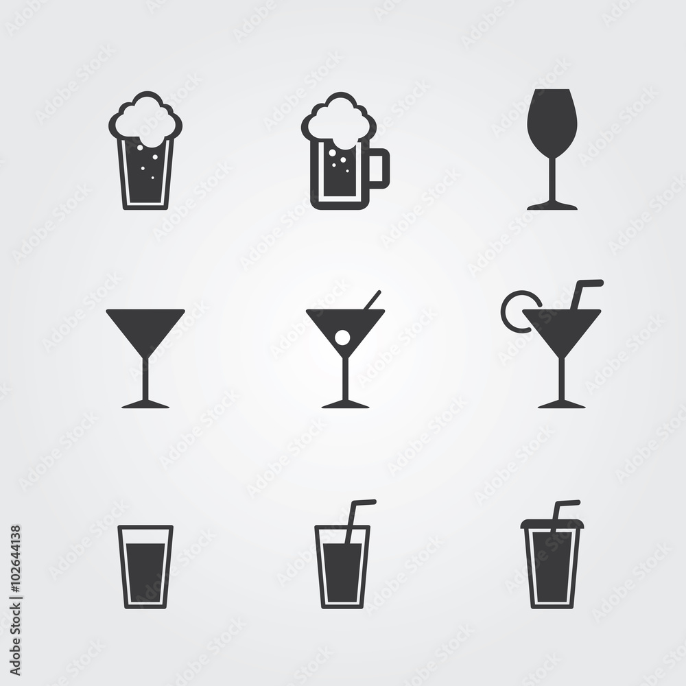 Drinks icons set. Vector gray beverages for cafe and restaurant. Drinks icons set. Vector gray beverages for cafe and restaurant.
