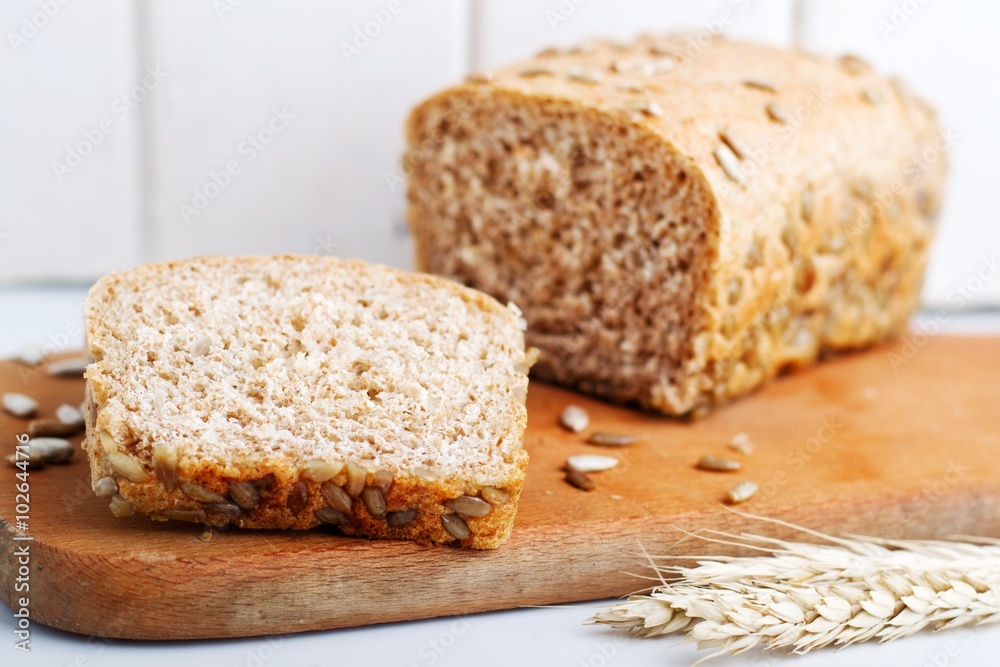 rye bread with sunflower seeds.selective focus