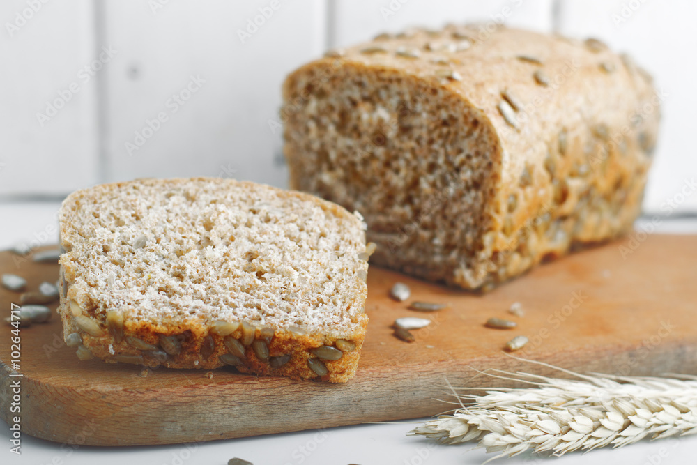 rye bread with sunflower seeds.selective focus