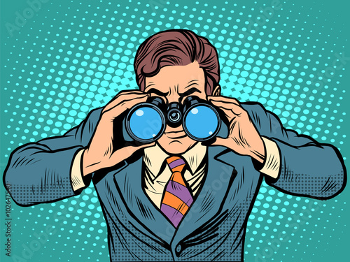 Businessman looking through binoculars. Lead vision Navigator