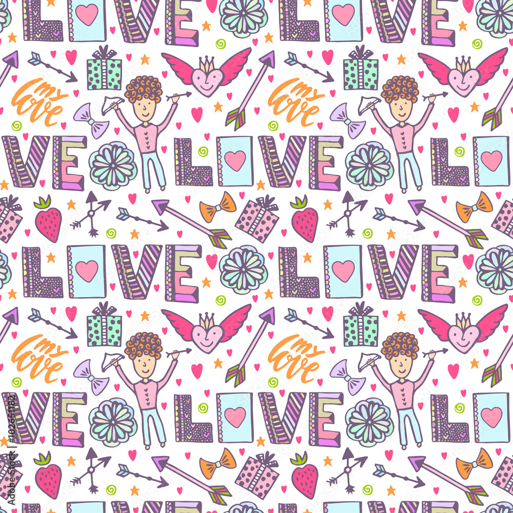 Valentines day romantic background. Vector creative pattern with cupid angel, arrows and love words. Creative seamless print.