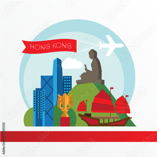 Hong Kong, detailed silhouette. Trendy vector illustration, flat style. Stylish colorful  landmarks. The concept for a web banner.