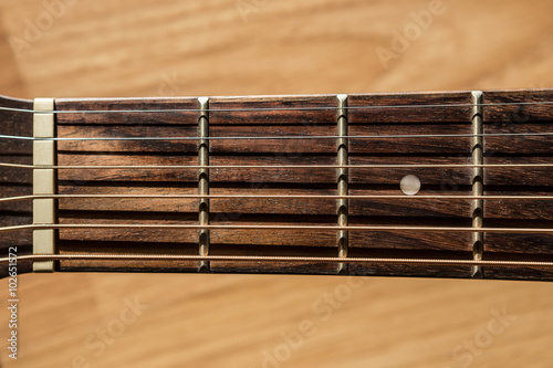 guitar fretboard on blurred wood background light and shadow fil