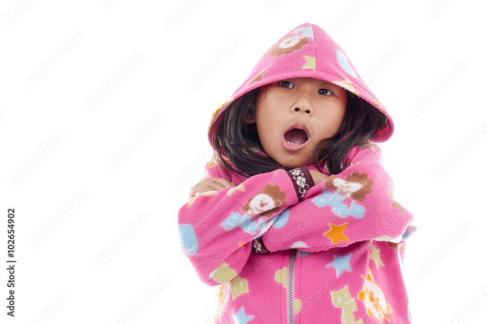 Asian girl in jacket with hood on white. Asian girl in jacket with hood on white.
