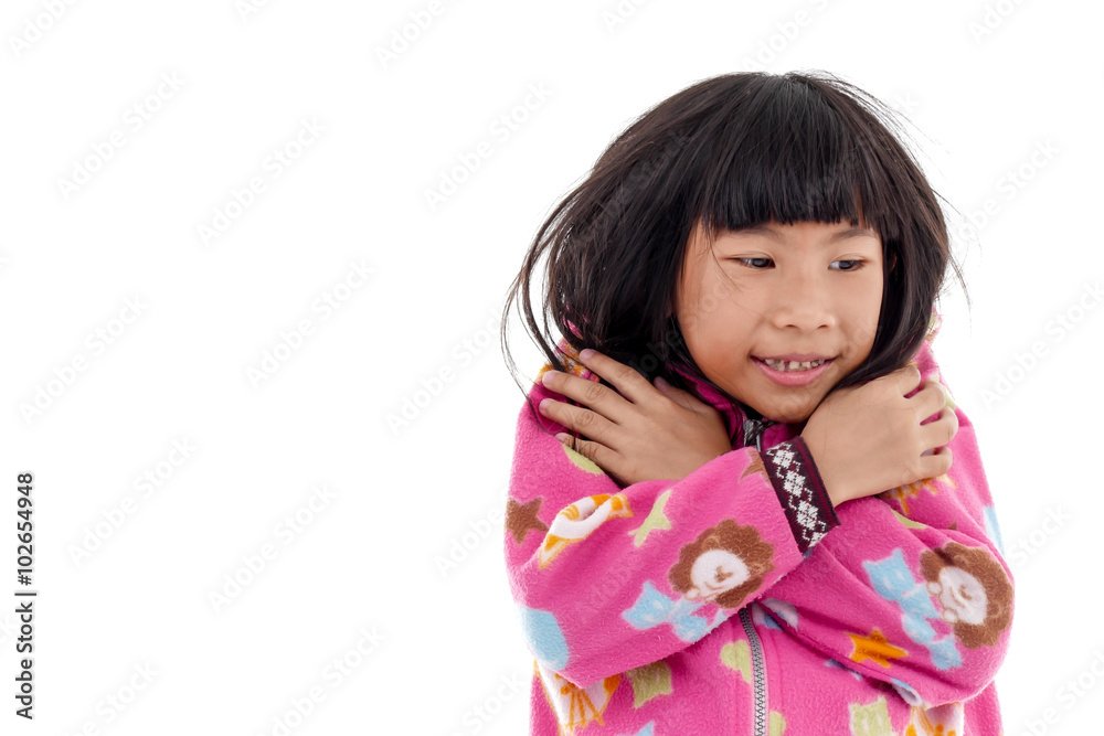 Asian girl in jacket with hood on white. Asian girl in jacket with hood on white.