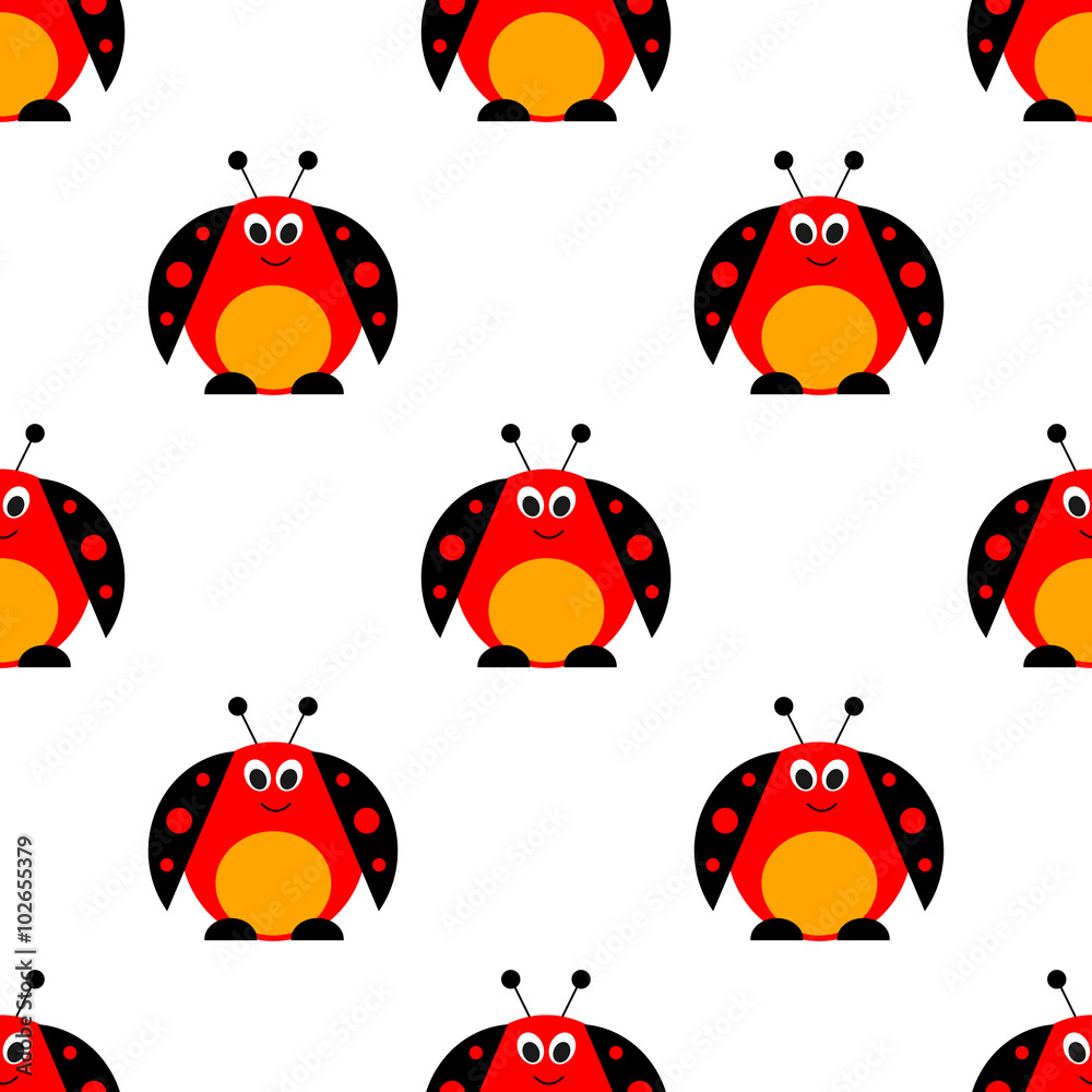 Fototapeta premium Seamless vector pattern with insects, symmetrical background with bright cute comic ladybugs, on the white backdrop. Series of Animals and Insects Seamless Patterns.