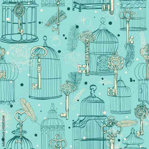 seamless pattern of various vintage keys and cages