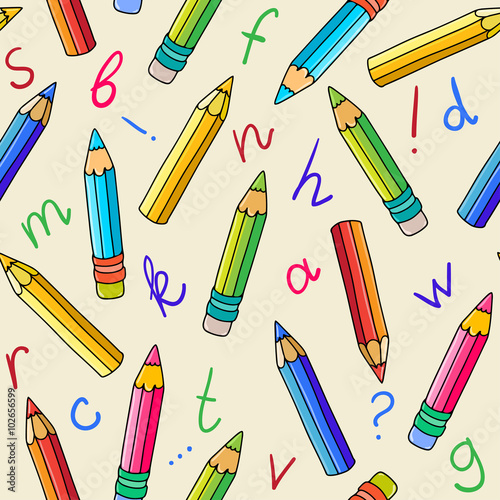 Seamless pattern with pencils and letters