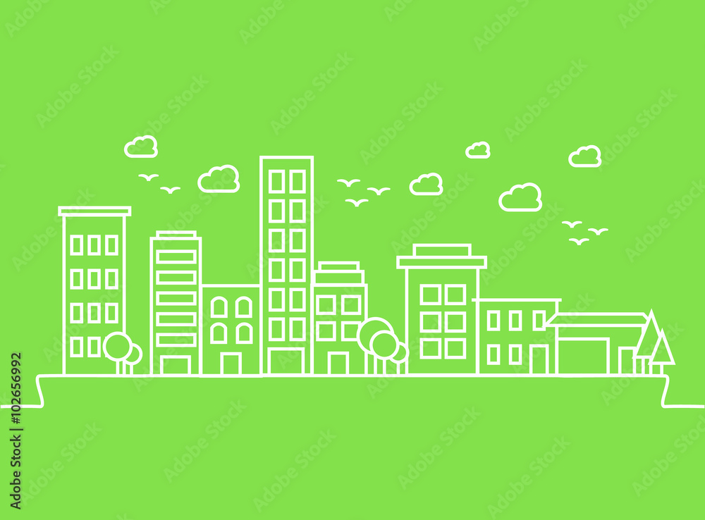 City buildings on green background. Vector