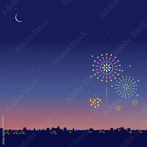 夜景　花火　イラスト