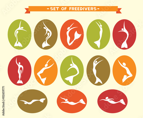 Icon set of silhouette of free divers.