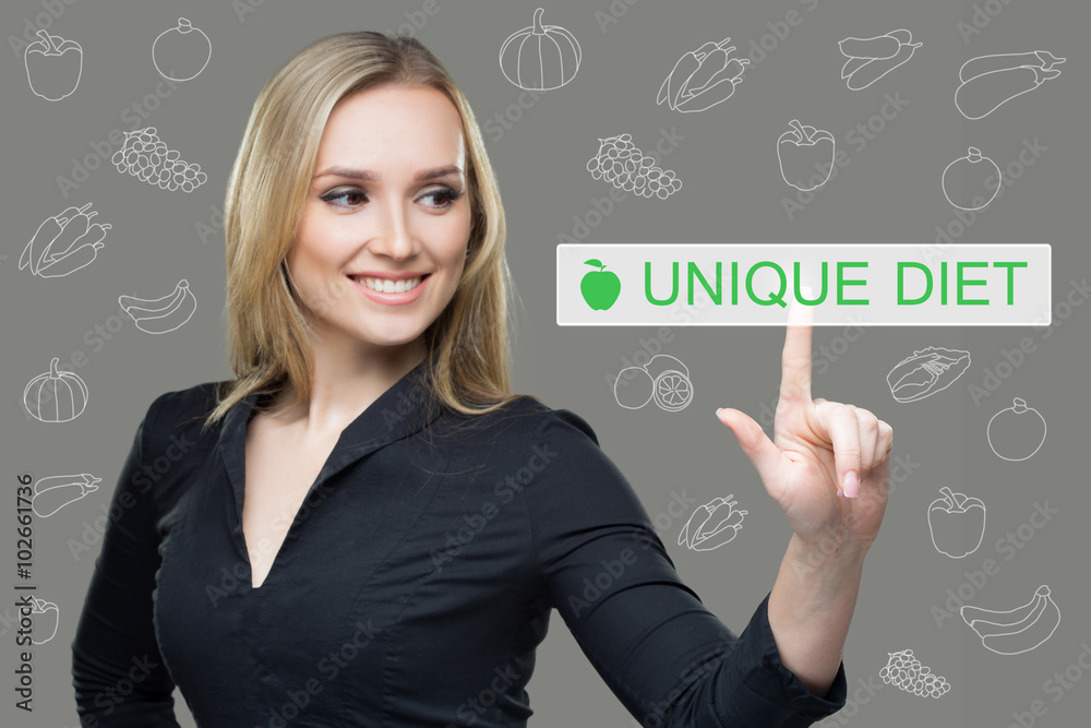woman presses the button on virtual keyboard. touch screen. unique diet