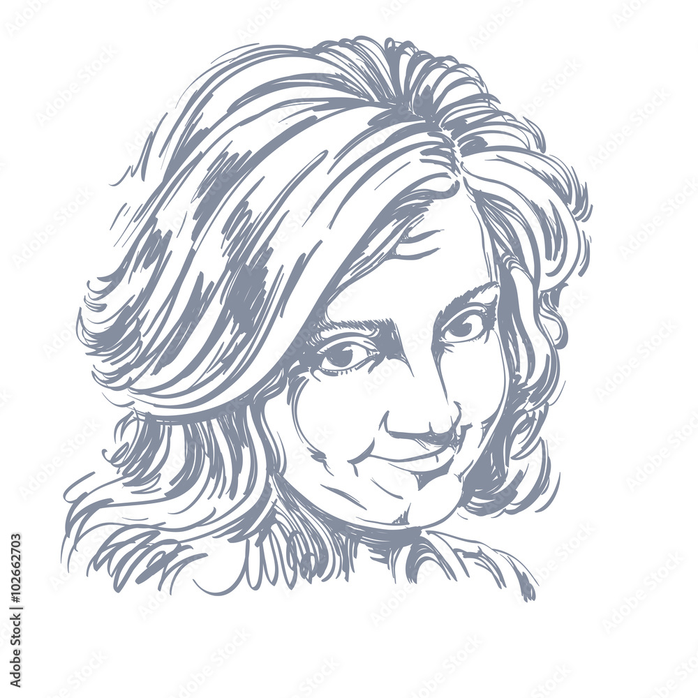 Vector art drawing, portrait of naive blameworthy girl isolated