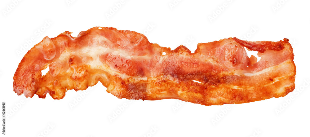 Cooked bacon strip close-up isolated on a white background. - obrazy, fototapety, plakaty 