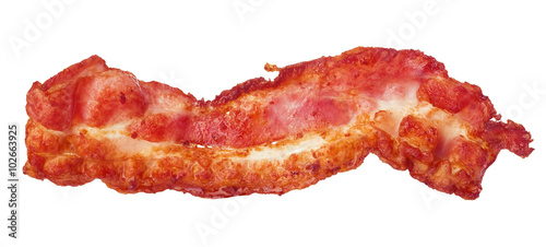 Cooked bacon strip close-up isolated on a white background.