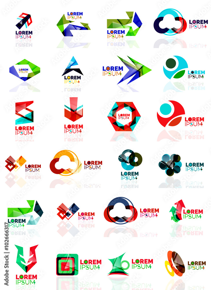 Logo set, abstract geometric business icons, paper style with glossy elements