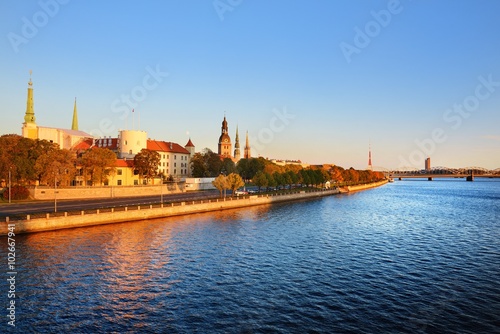 general view on Riga embarkment in bright sunny day, Latvia