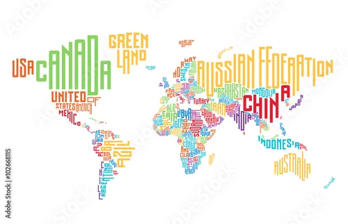 Obraz Mapa świata z typograficznymi nazwami krajów