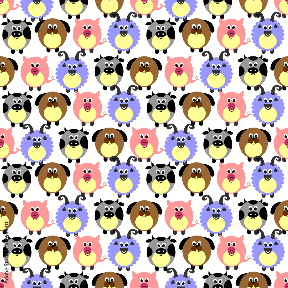 Seamless vector pattern with animals. Cute background with comic pigs, sheeps, dogs and cows on the white backdrop. Series of Animals and Insects Seamless Patterns. Seamless vector pattern with animals. Cute background with comic pigs, sheeps, dogs and cows on the white backdrop. Series of Animals and Insects Seamless Patterns.