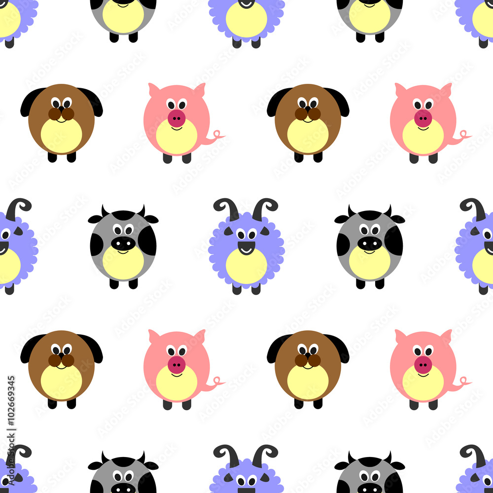 Seamless vector pattern with animals. Cute background with comic pigs, sheeps, dogs and cows on the white backdrop. Series of Animals and Insects Seamless Patterns. Seamless vector pattern with animals. Cute background with comic pigs, sheeps, dogs and cows on the white backdrop. Series of Animals and Insects Seamless Patterns.