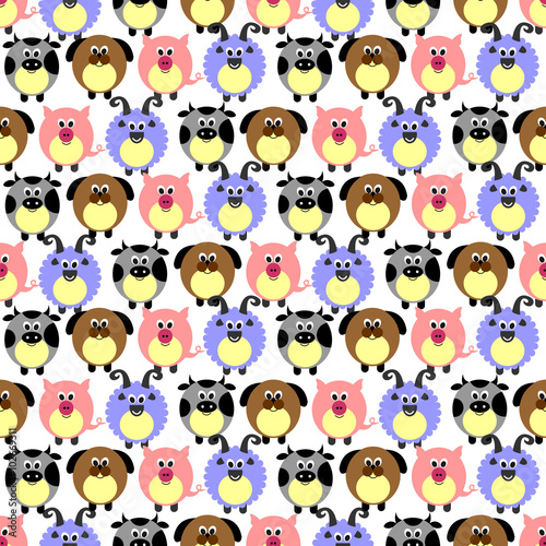 Fototapeta Naklejka Na Ścianę i Meble -  Seamless vector pattern with animals. Cute background with comic pigs, sheeps, dogs and cows on the white backdrop. Series of Animals and Insects Seamless Patterns.