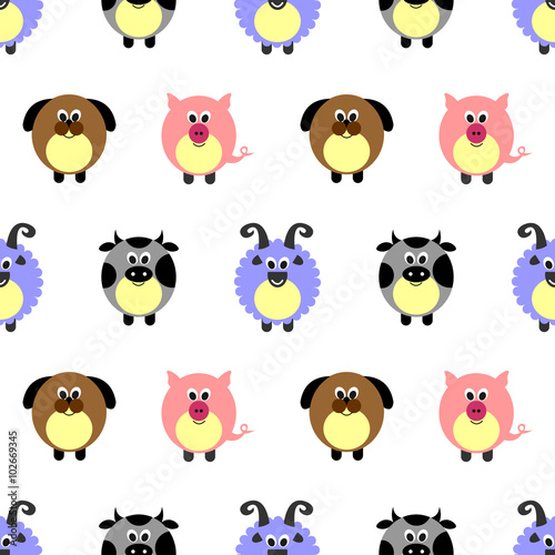 Seamless vector pattern with animals. Cute background with comic pigs  sheeps  dogs and cows on the white backdrop. Series of Animals and Insects Seamless Patterns.