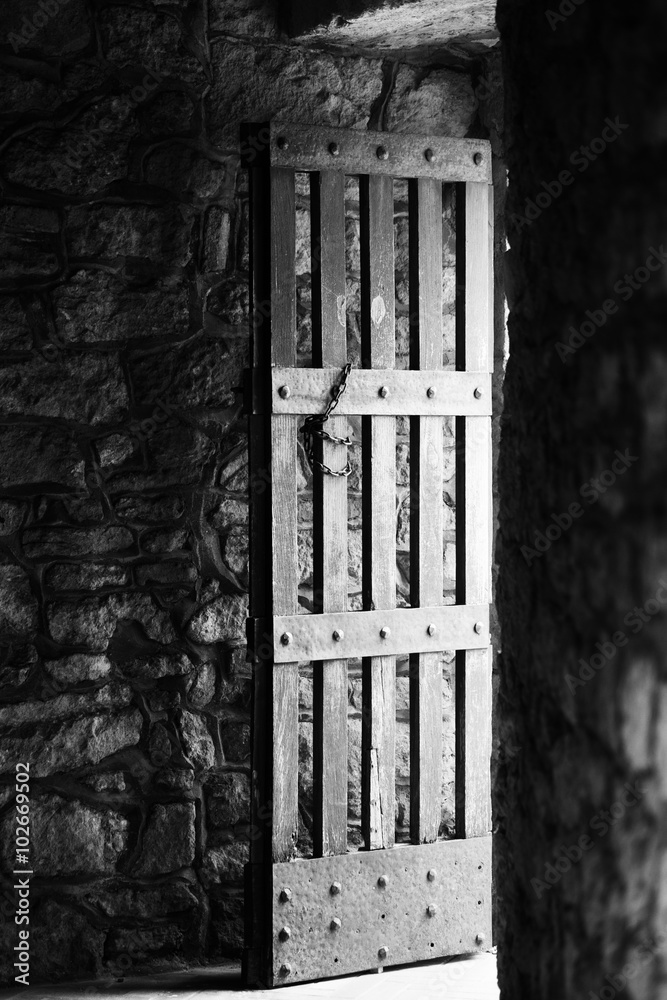 Obraz premium Old wooden door in the tower.