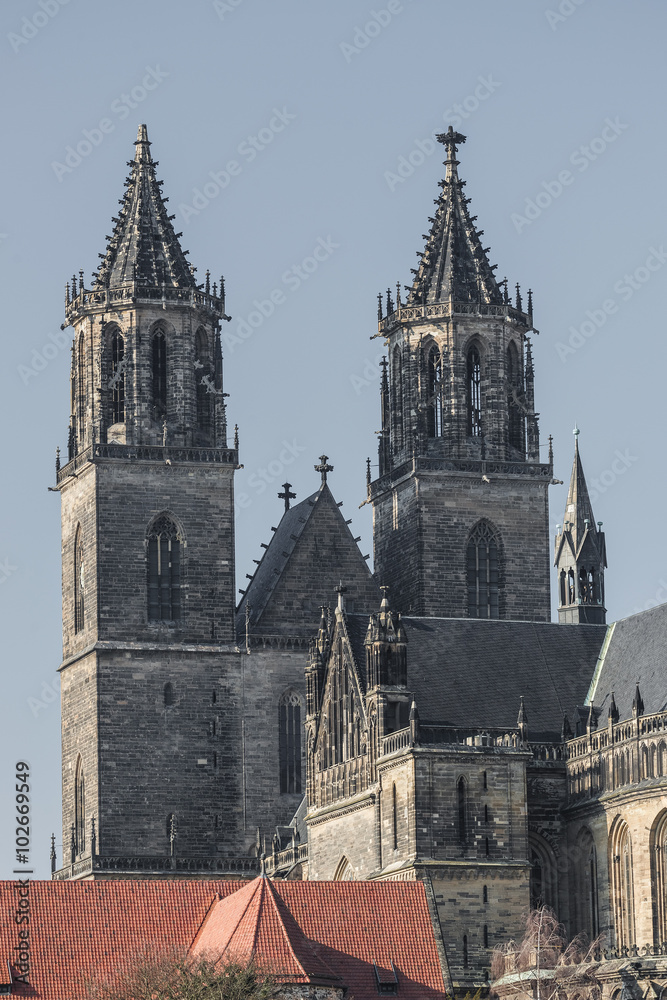 Old Cathedral and river Elba in Magdeburg, Spring time Old Cathedral and river Elba in Magdeburg, Spring time