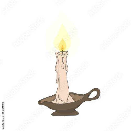 Burning candle with a candle holder. Vector illustration.