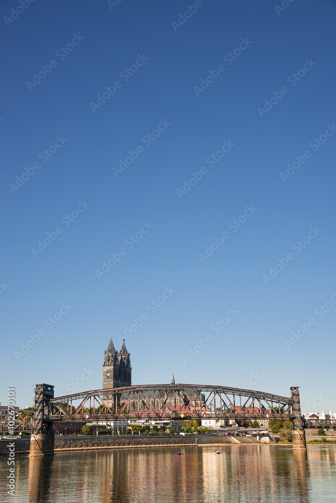 Old Cathedral and river Elba in Magdeburg, Autumn time