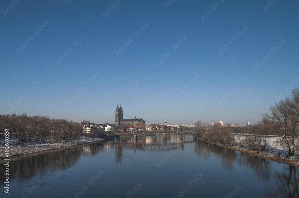 Old Cathedral and river Elba in Magdeburg, Autumn time