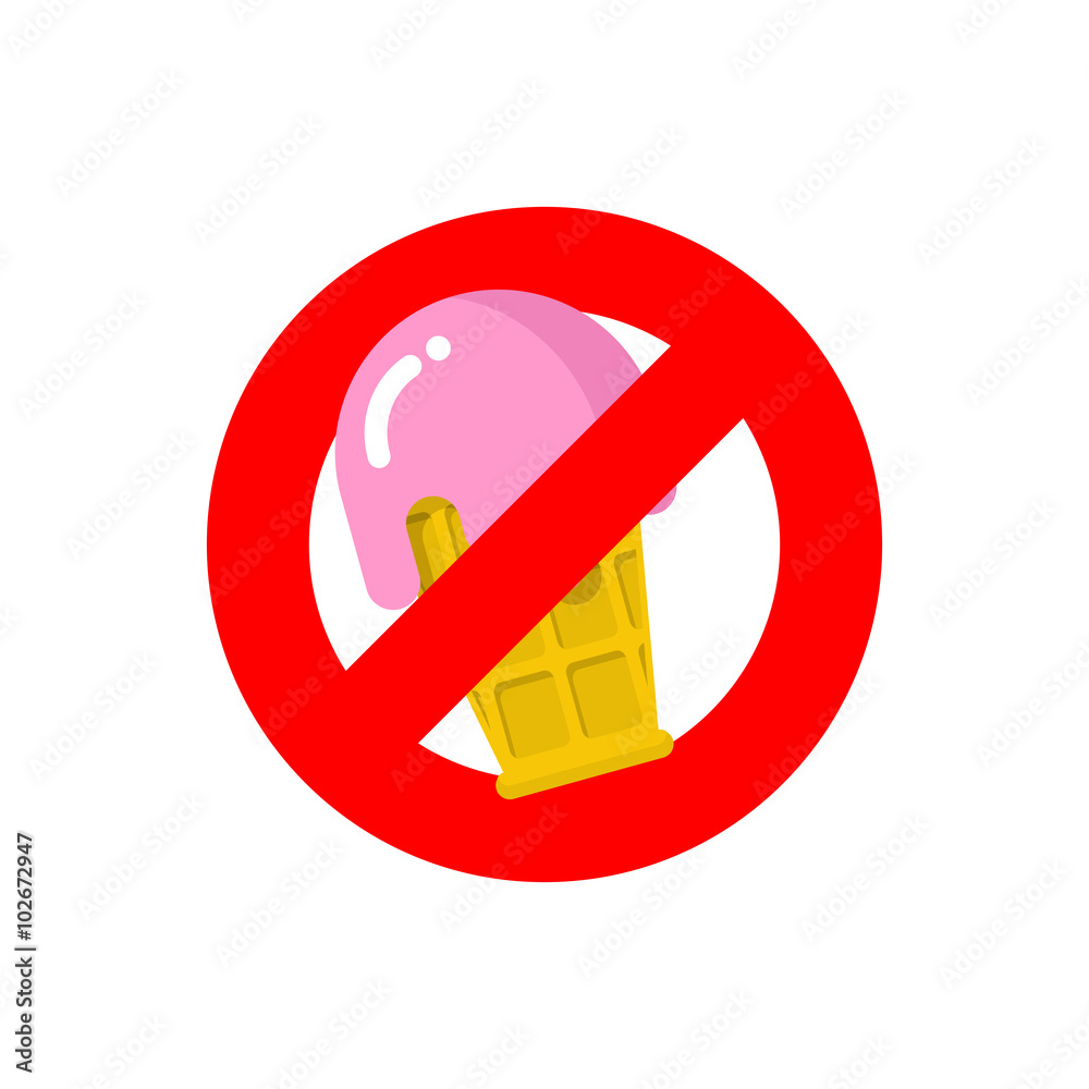 Stop ice cream. Red forbidding sign for sweet dessert with straw vector