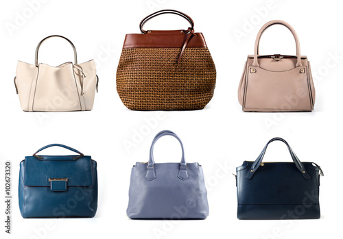 group of colored leather women bags isolated on white background