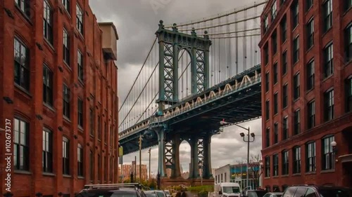 otion time lapse hyperlapse of Manhattan bridge from Washington street, Brooklyn, New York, USA