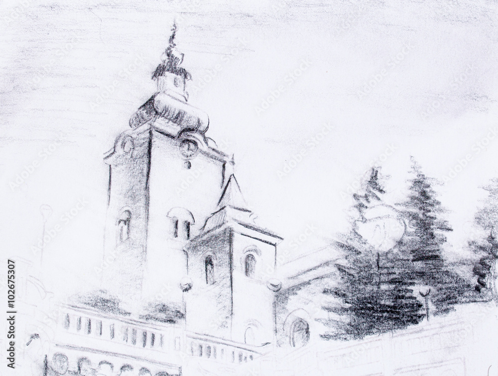 pencil sketch church, drawing on vintage paper.