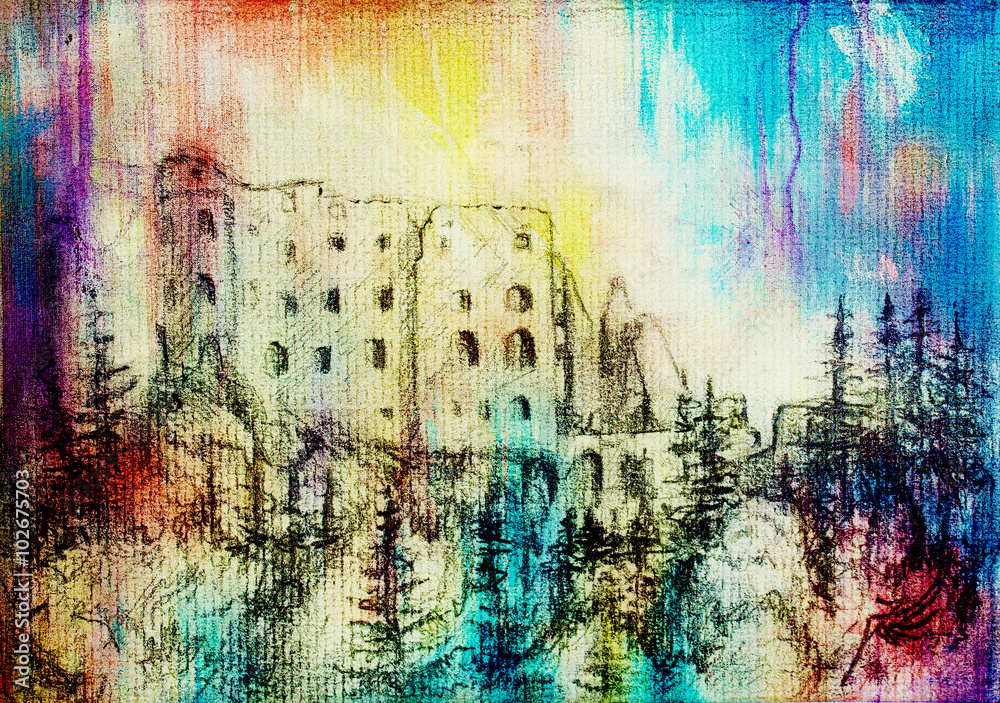 middle castle drawing on old paper and color spots.